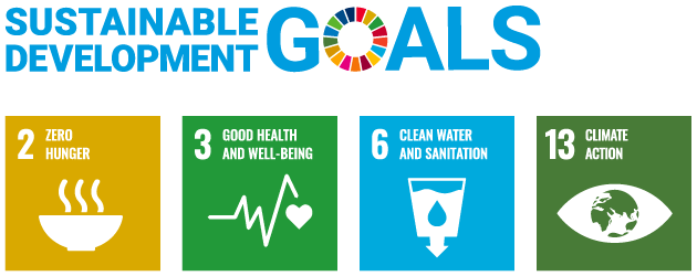 UN Sustainable Development Goals 2 Zero Hunger, 3 Good Health and Well-Being, 6 Clean Water and Sanitation, 13 Climate Action